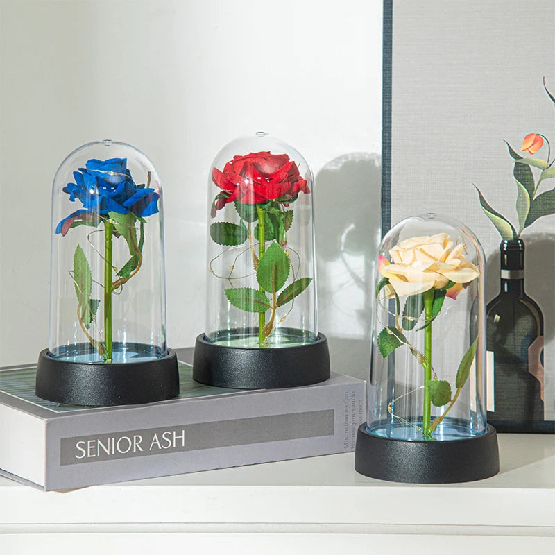 Rosas Eternas, Flores Artificiales en Lámina de Aluminio en Caja de Cristal, Flor Inmortal con Luz LED, Lámpara de Rosas, Flores Eternas, Regalo para el Día de la Madre