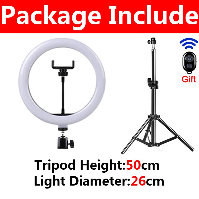 Luz LED para Selfie de 16/26/33cm, luces de fotografía con trípode, Control remoto por Bluetooth, anillo de luz regulable para vídeo, lámpara de relleno en vivo
