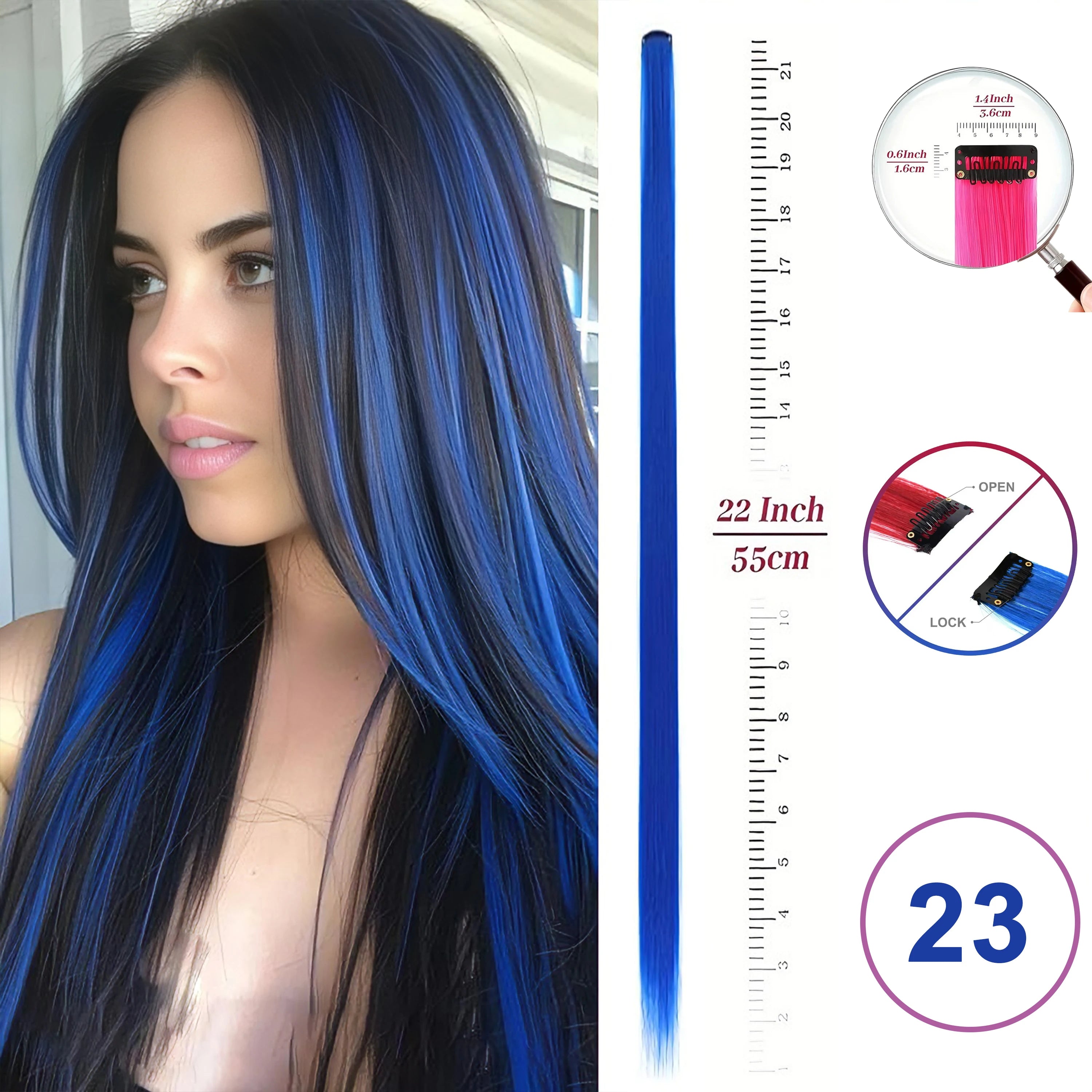 Extensiones de Cabello con Clip VEYDA de Colores para Fiestas, para Niñas, 22 Pulgadas, Colores Omber, Cabello Liso, Sintético