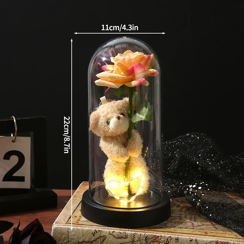 Rosas Eternas, Flores Artificiales en Lámina de Aluminio en Caja de Cristal, Flor Inmortal con Luz LED, Lámpara de Rosas, Flores Eternas, Regalo para el Día de la Madre