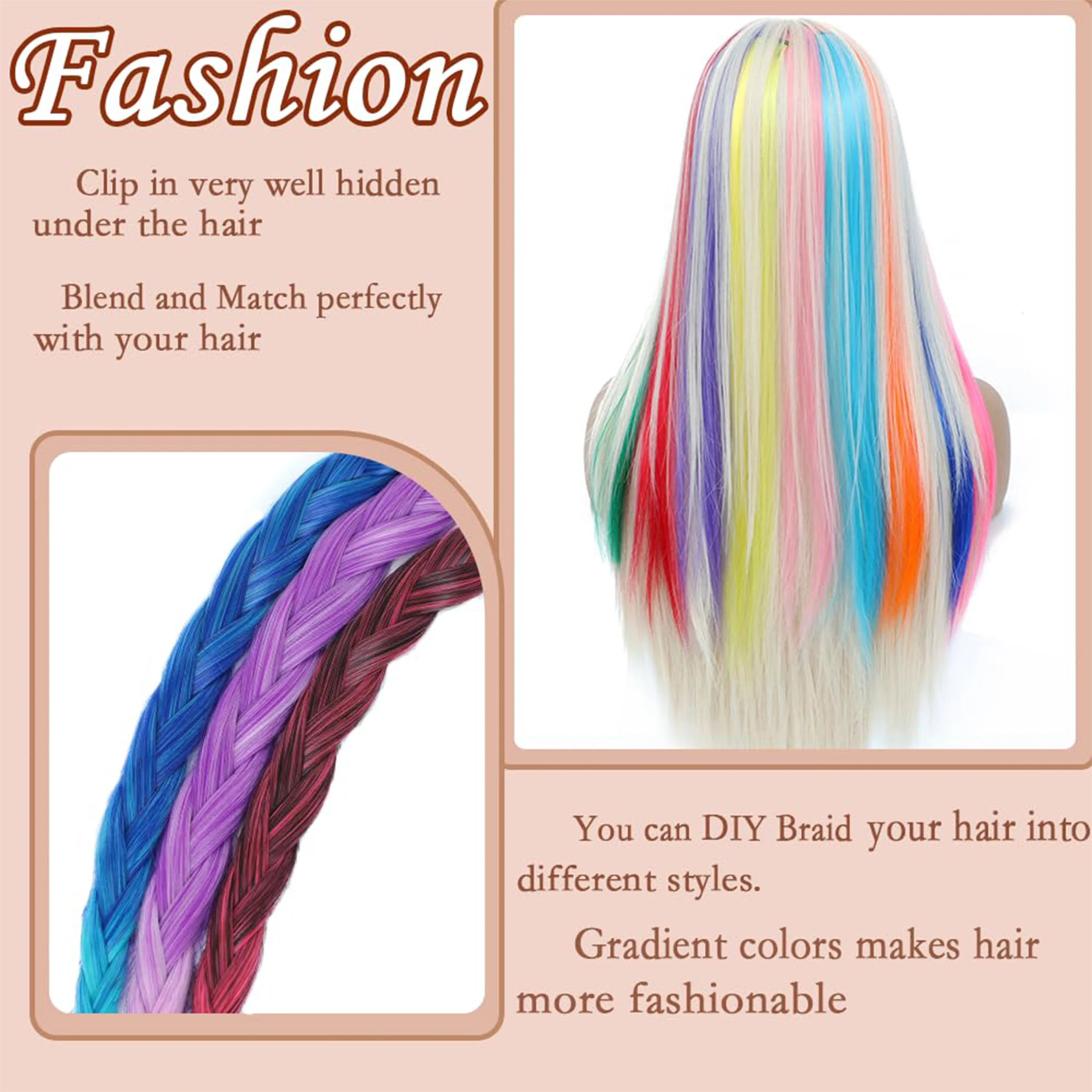 Extensiones de Cabello con Clip VEYDA de Colores para Fiestas, para Niñas, 22 Pulgadas, Colores Omber, Cabello Liso, Sintético
