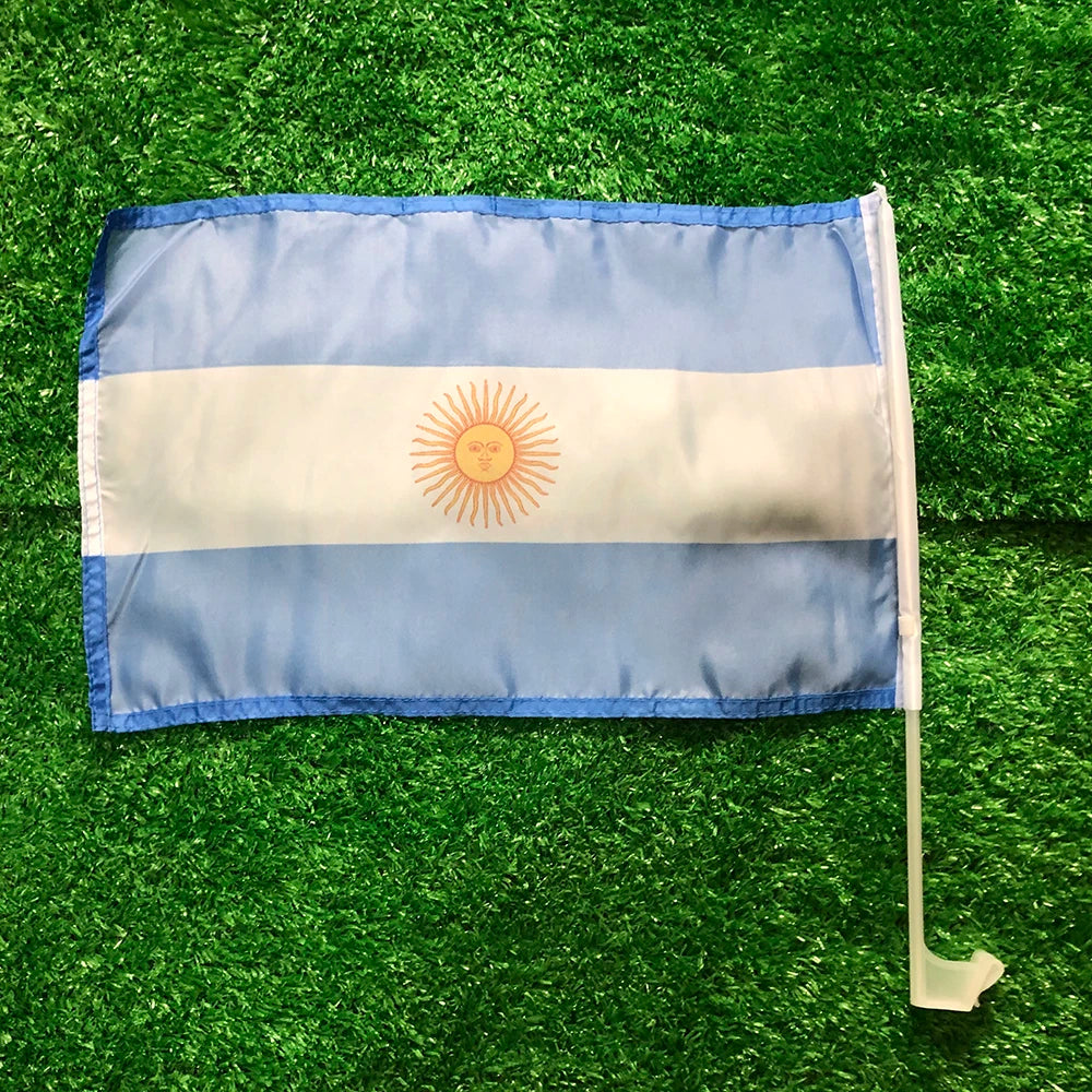 Bandera de coche de Argentina personalizada, Bandera de agitación de coche de Argentina, bandera nacional, Bandera de agitación de portador estándar con asta de bandera de plástico, 30x45cm