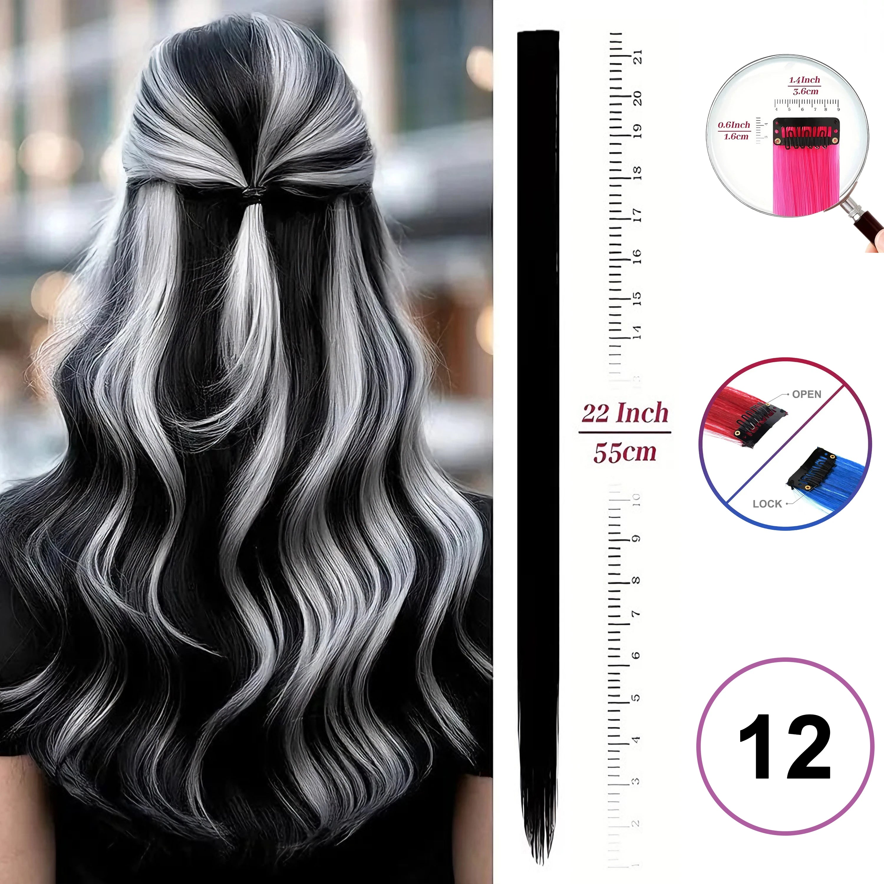 Extensiones de Cabello con Clip VEYDA de Colores para Fiestas, para Niñas, 22 Pulgadas, Colores Omber, Cabello Liso, Sintético