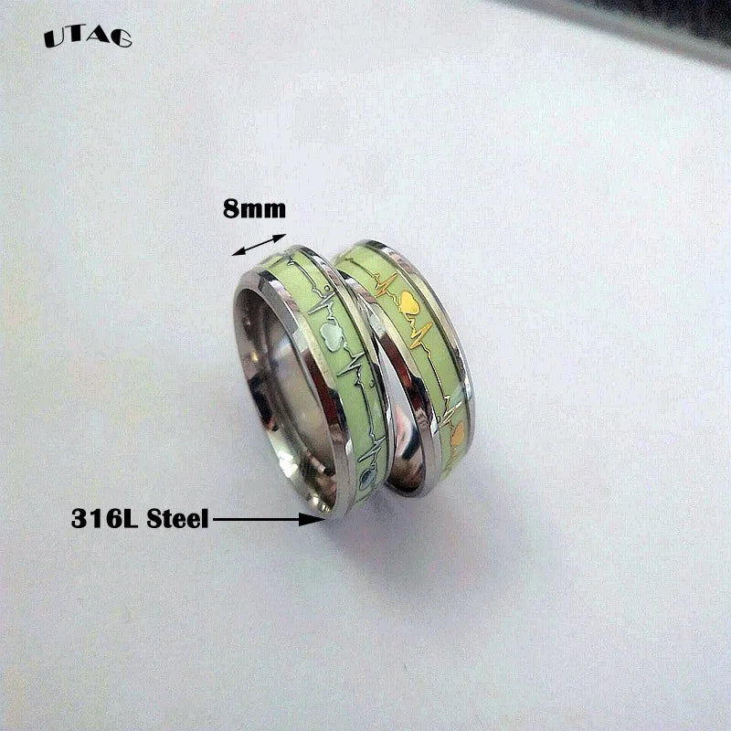 Anillo de dedo luminoso de acero inoxidable a la moda para mujeres y hombres que brilla en la oscuridad corazón pareja bandas de boda joyería accesorios de regalo