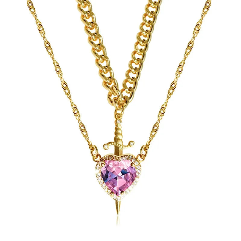 Collar de corazón y espada, collares para parejas, anillo de cristal de circón, pulsera, collar, conjunto de joyería para regalos románticos del Día de San Valentín