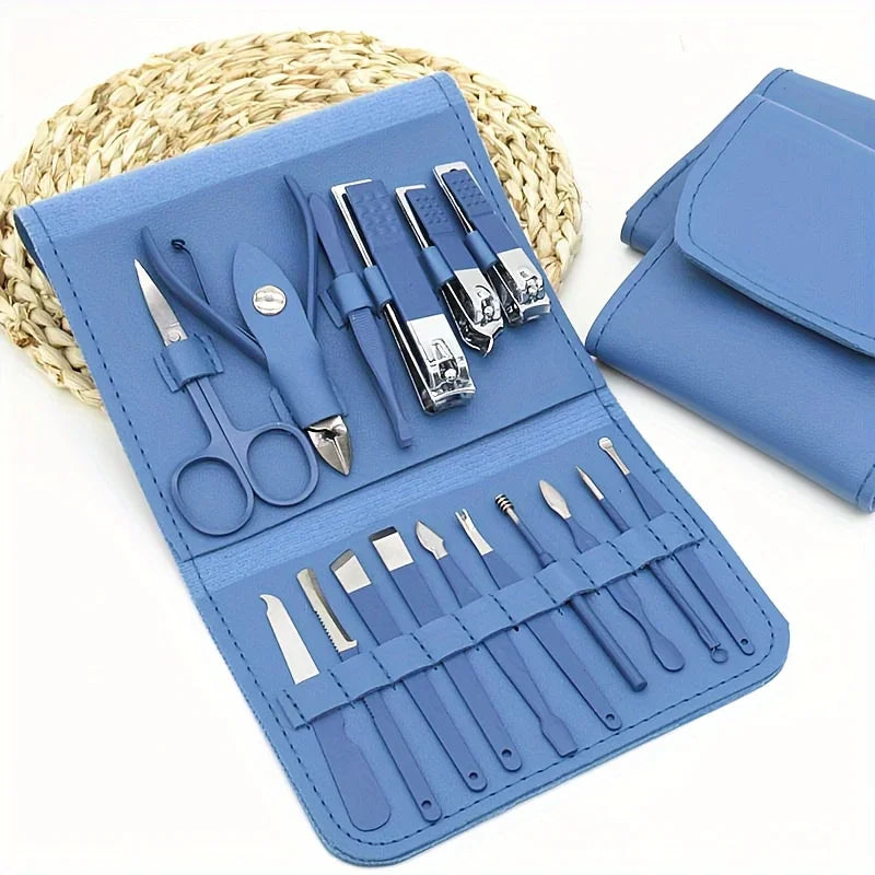 Juego profesional de cortaúñas y pinzas para cutículas, Set de manicura y pedicura con estuche de viaje, 16 piezas
