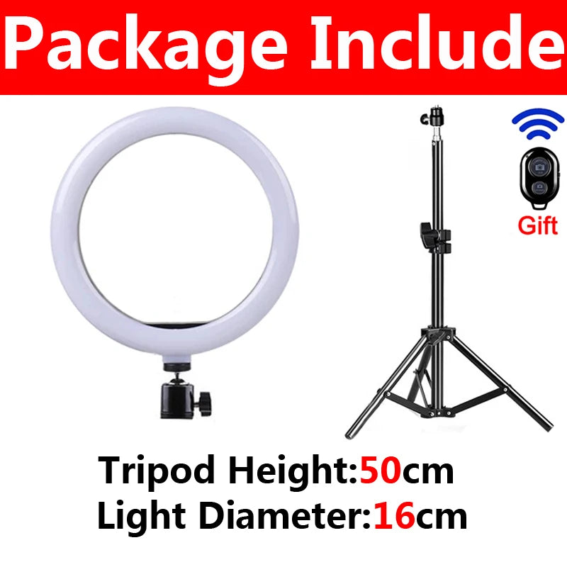 Luz LED para Selfie de 16/26/33cm, luces de fotografía con trípode, Control remoto por Bluetooth, anillo de luz regulable para vídeo, lámpara de relleno en vivo