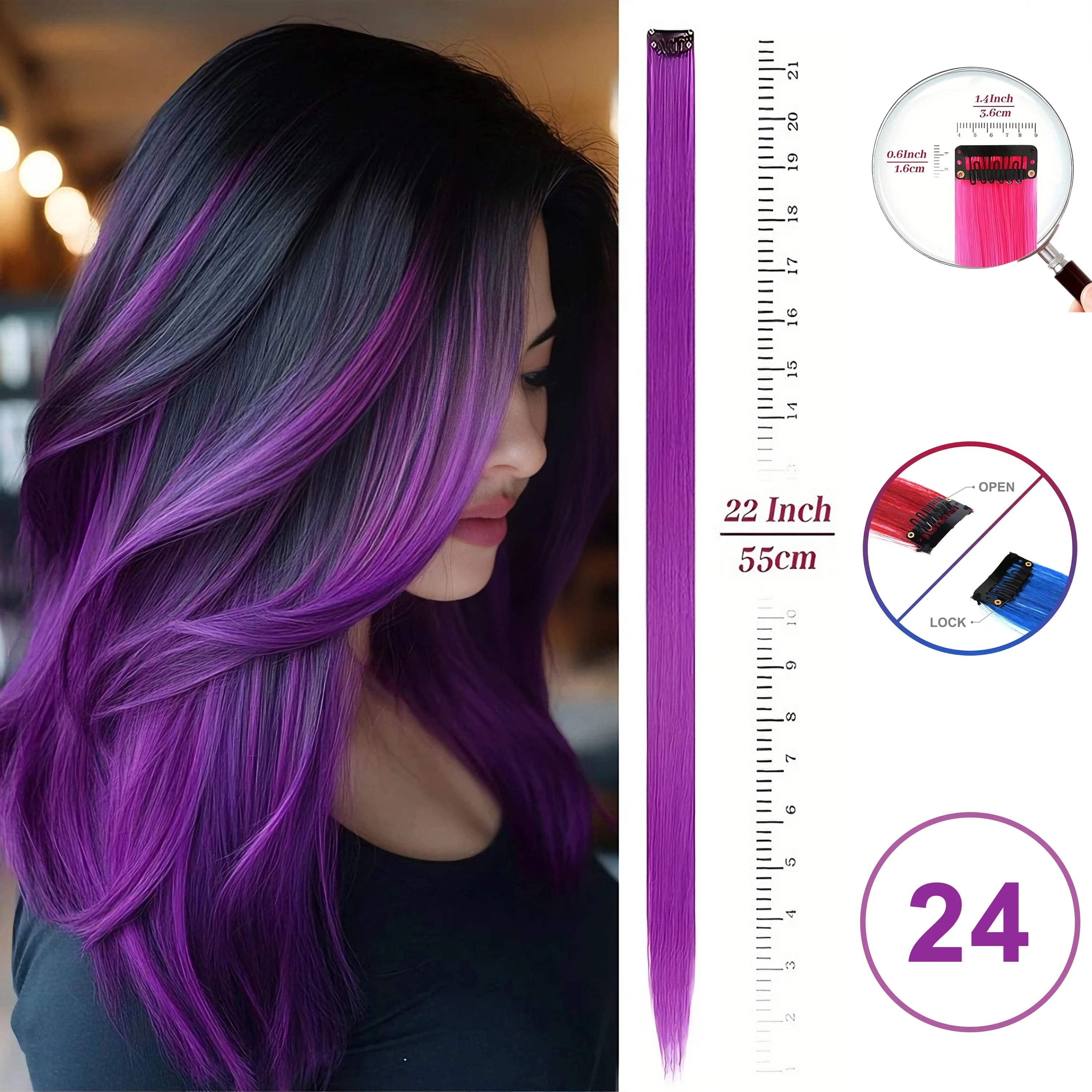 Extensiones de Cabello con Clip VEYDA de Colores para Fiestas, para Niñas, 22 Pulgadas, Colores Omber, Cabello Liso, Sintético
