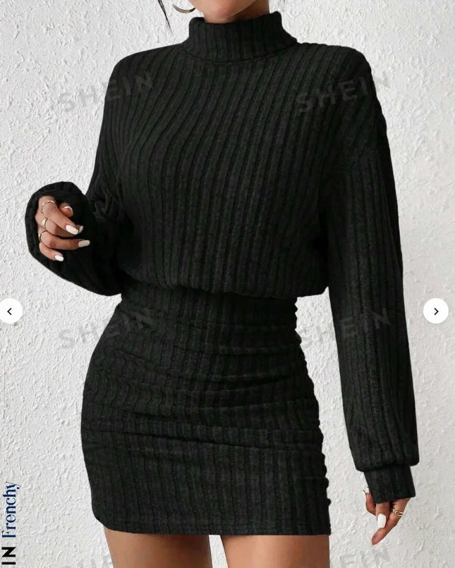 Vestido suéter de punto con cuello alto para mujer, moda Otoño Invierno, informal, liso, suelto, manga larga, cálido, vestidos de longitud media