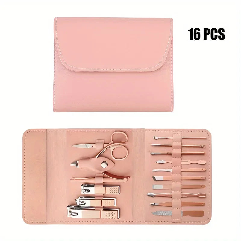 Juego profesional de cortaúñas y pinzas para cutículas, Set de manicura y pedicura con estuche de viaje, 16 piezas