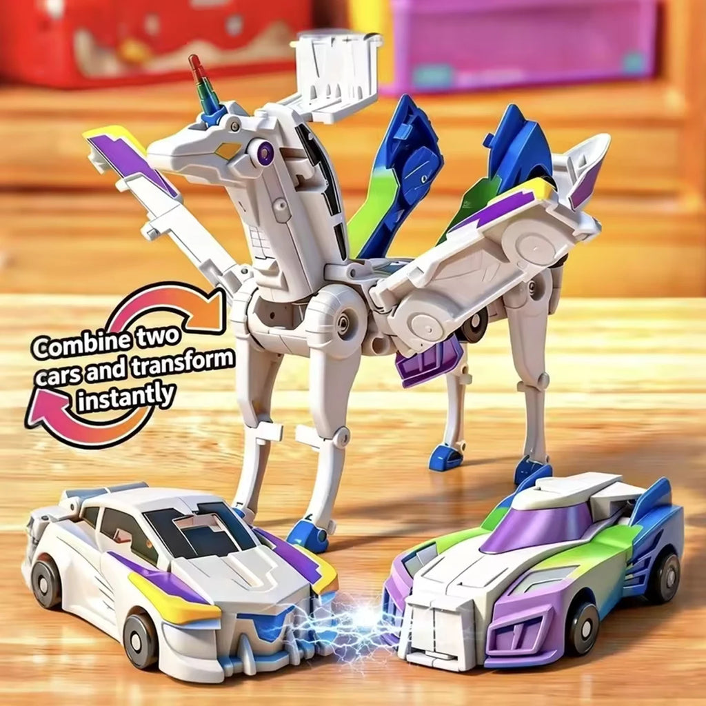 Nuevo Unicornio Transformers: Coche de Juguete 2 en 1 con Transformación Mágica y Súper Combinación, Coche Magnético Transformable por Colisión para Niños, DIY
