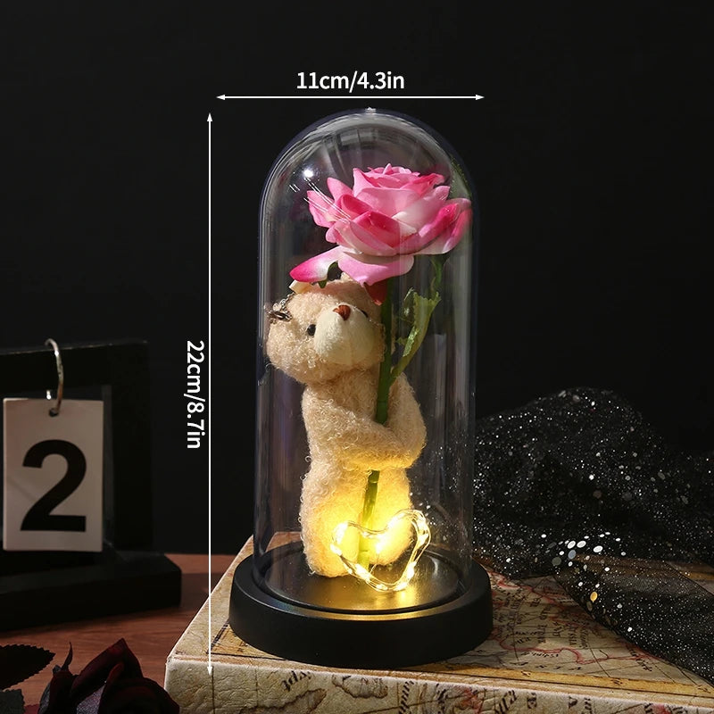 Rosas Eternas, Flores Artificiales en Lámina de Aluminio en Caja de Cristal, Flor Inmortal con Luz LED, Lámpara de Rosas, Flores Eternas, Regalo para el Día de la Madre
