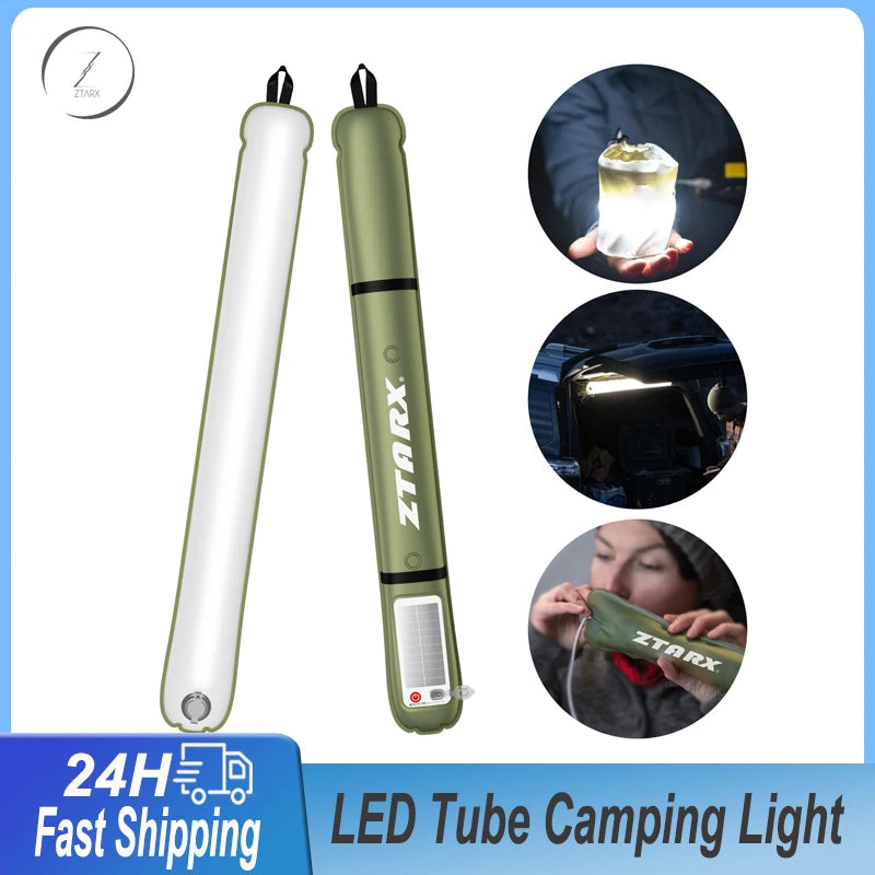 ZTARX-tubo de luz LED inflable Solar para acampar, tira de luces USB plegable para exteriores, lámpara portátil para tienda de viaje, resistente al agua IP66