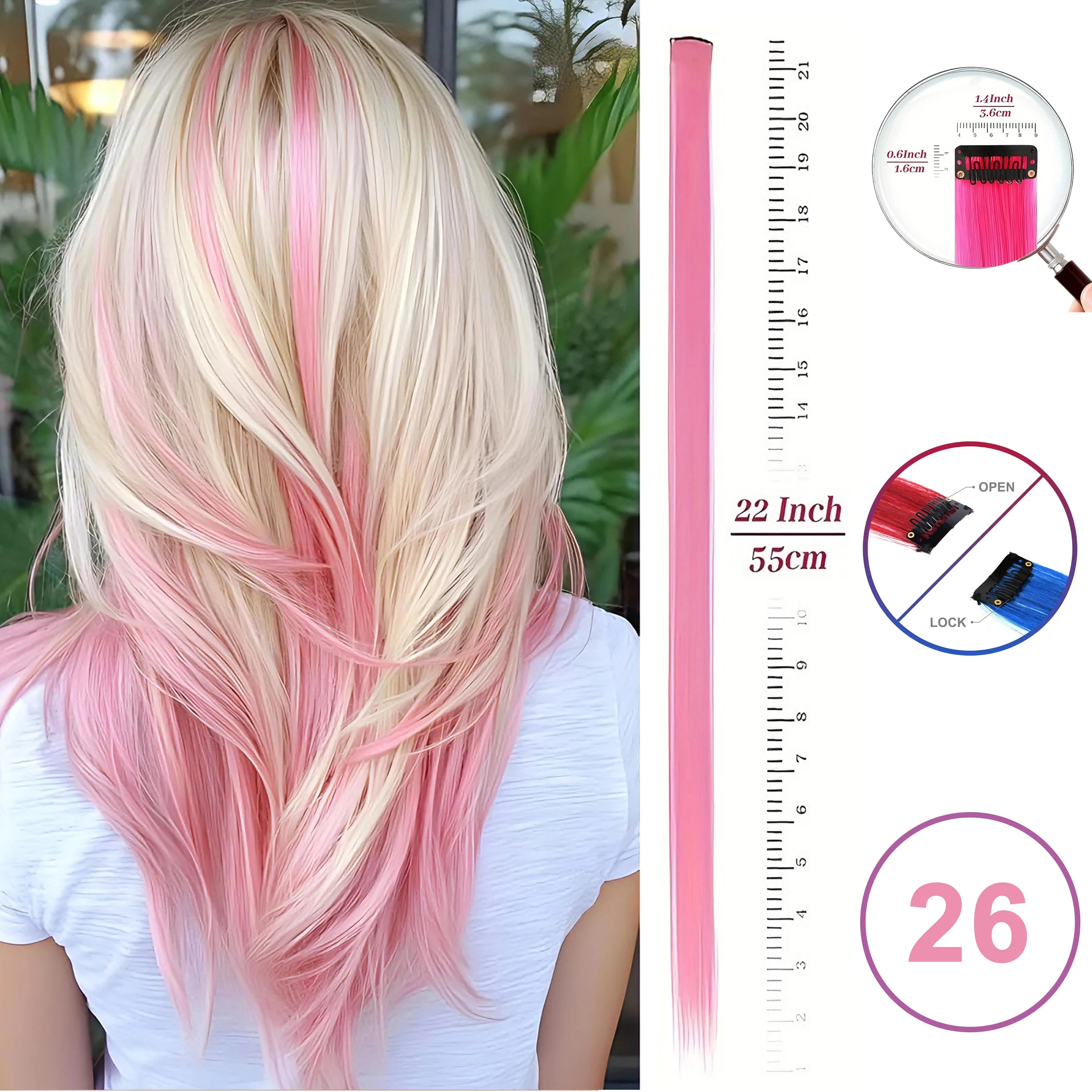 Extensiones de Cabello con Clip VEYDA de Colores para Fiestas, para Niñas, 22 Pulgadas, Colores Omber, Cabello Liso, Sintético