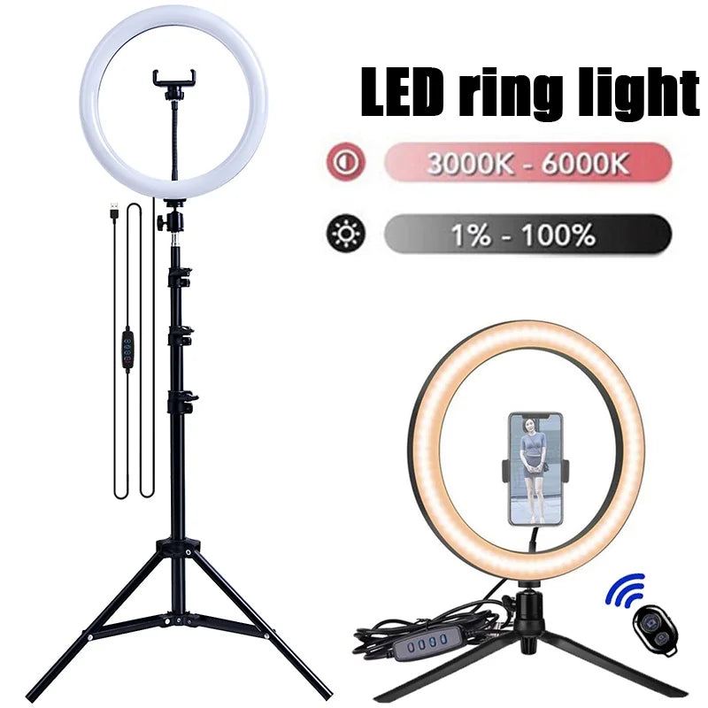 Luz LED para Selfie de 16/26/33cm, luces de fotografía con trípode, Control remoto por Bluetooth, anillo de luz regulable para vídeo, lámpara de relleno en vivo