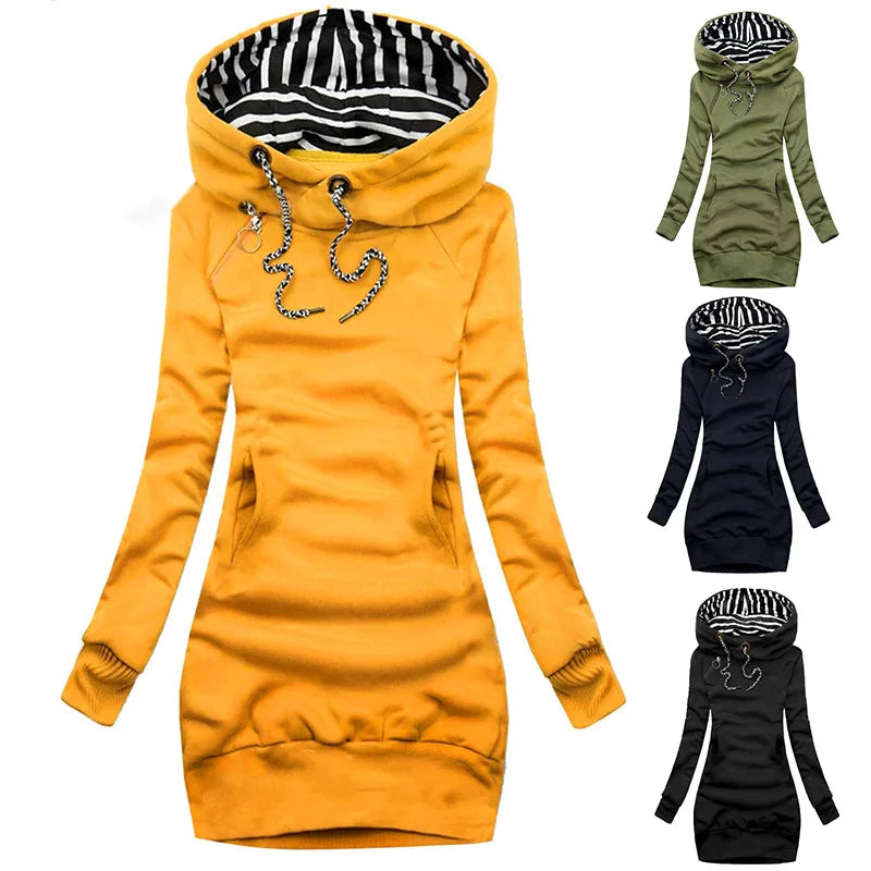 Vestido con capucha Casual Color sólido Manga larga Cordón Sudadera con capucha Vestido delgado con capucha Jersey Sudadera Vestido