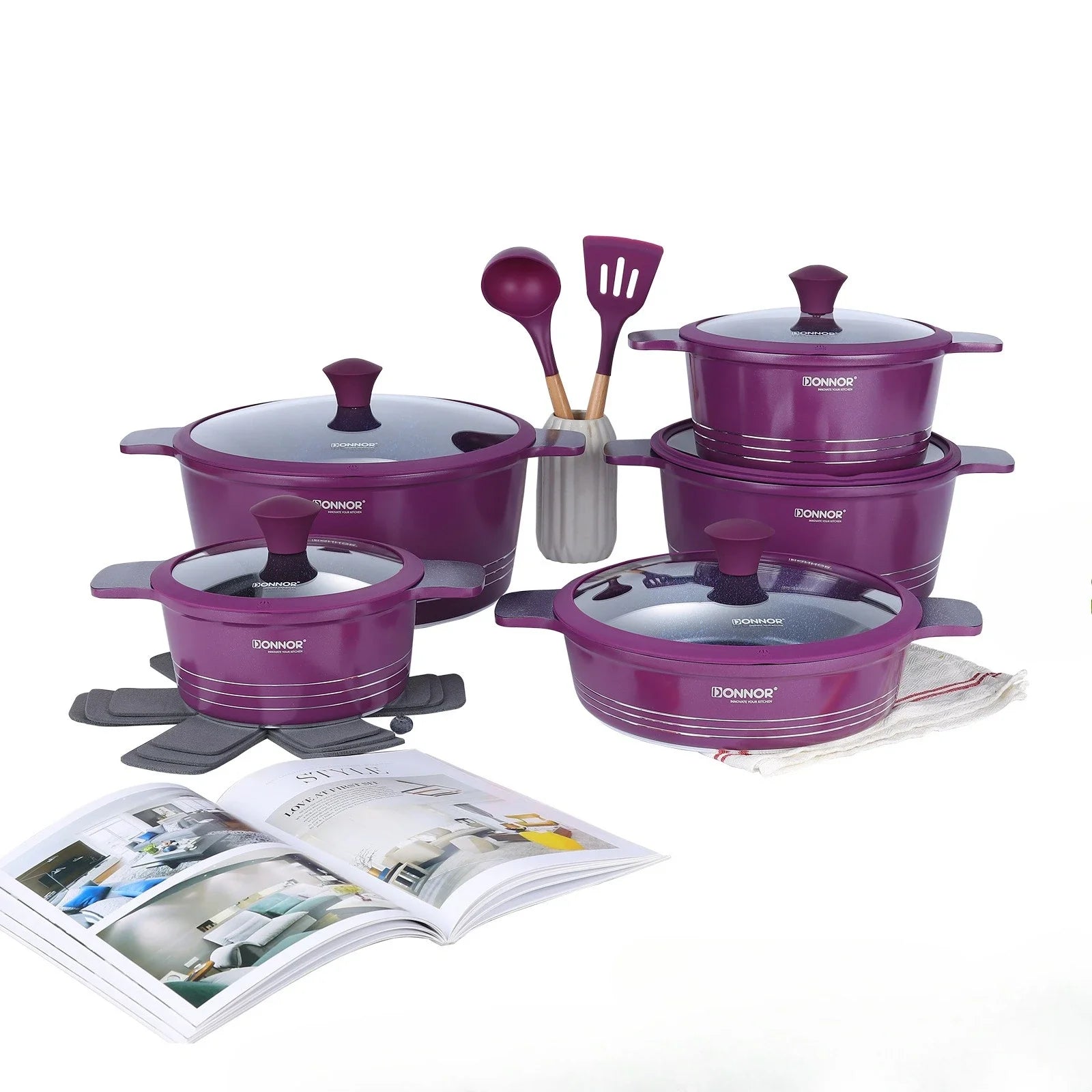 DONNOR 15 unids/set juego de utensilios de cocina sartén antiadherente de aluminio + utensilios de cocina de cerámica sartén olla de sopa con tapa antiescaldaduras estufa de doble oreja