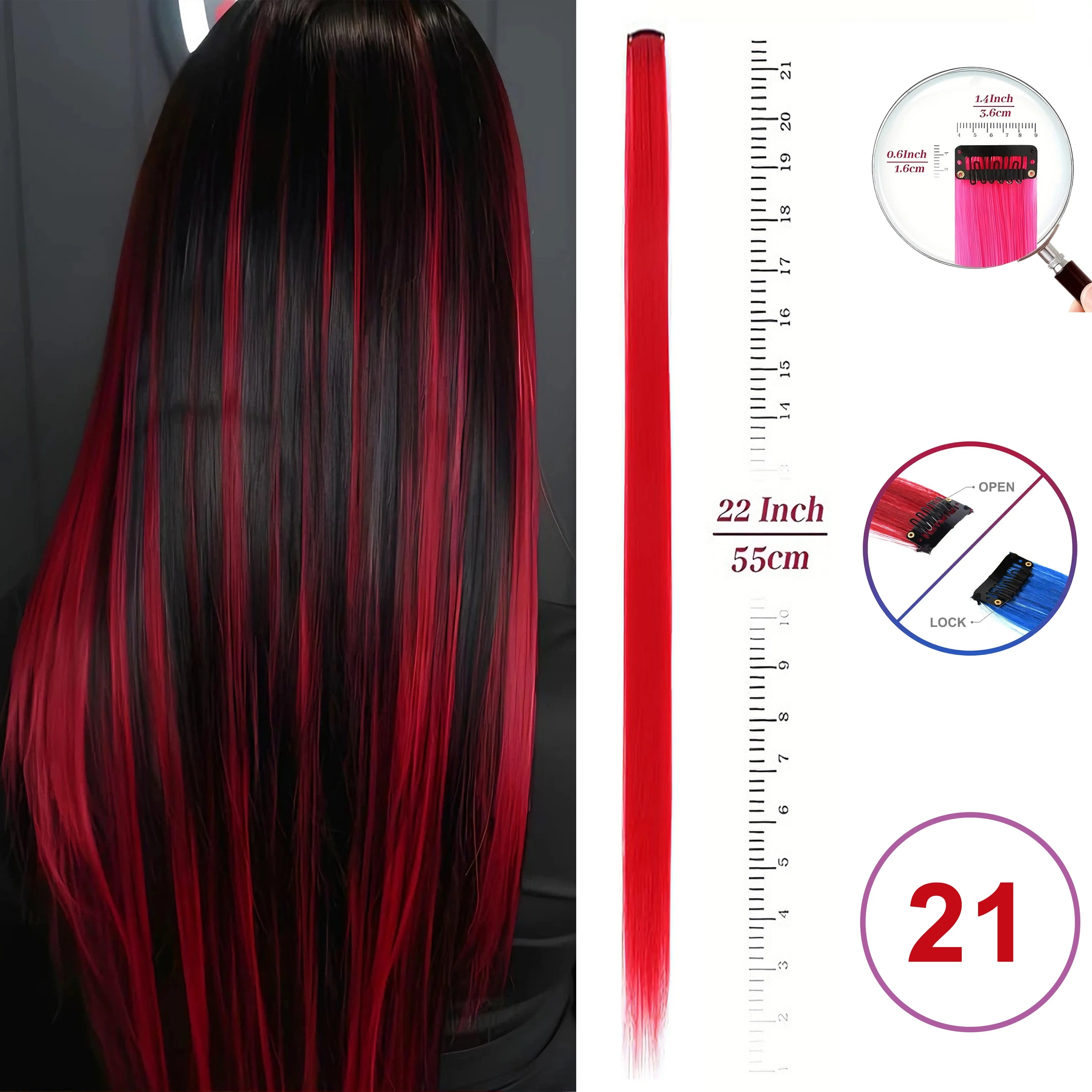 Extensiones de Cabello con Clip VEYDA de Colores para Fiestas, para Niñas, 22 Pulgadas, Colores Omber, Cabello Liso, Sintético
