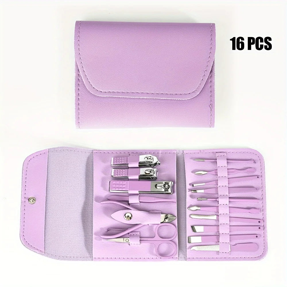 Juego profesional de cortaúñas y pinzas para cutículas, Set de manicura y pedicura con estuche de viaje, 16 piezas