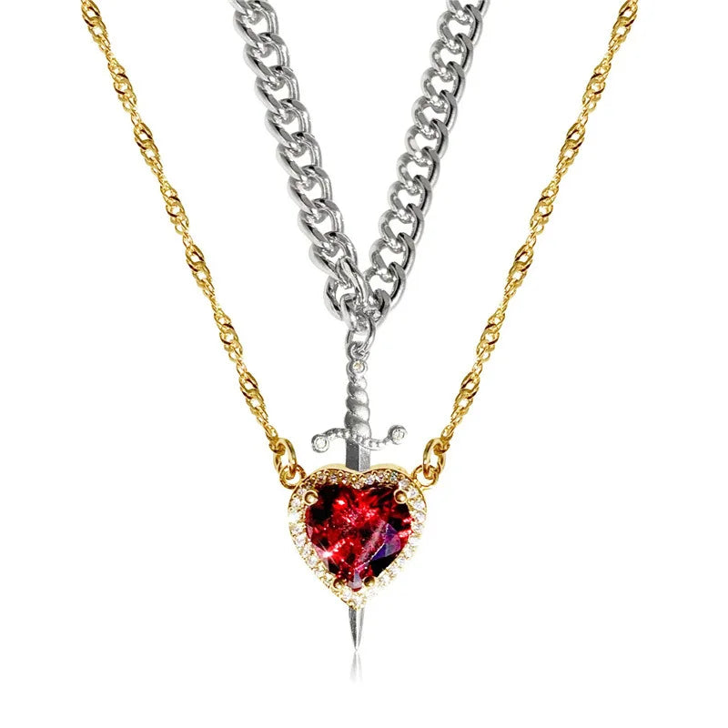 Collar de corazón y espada, collares para parejas, anillo de cristal de circón, pulsera, collar, conjunto de joyería para regalos románticos del Día de San Valentín