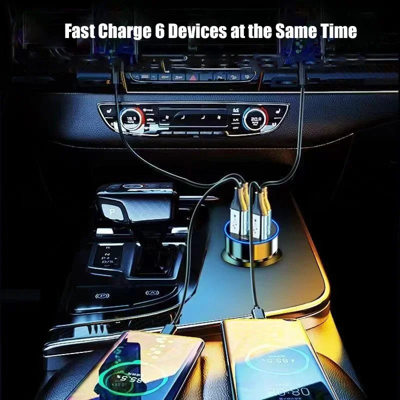 Cargador USB-C para Auto 6 en 1 con Carga Súper Rápida y Pantalla de Voltaje, Compatible con iPhone y Android