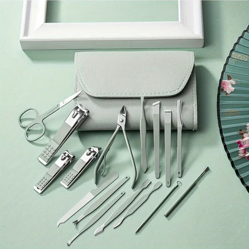 Juego profesional de cortaúñas y pinzas para cutículas, Set de manicura y pedicura con estuche de viaje, 16 piezas
