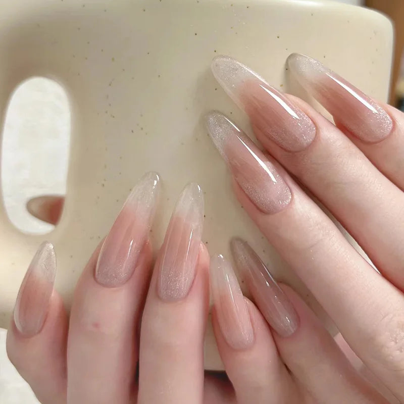 Juego de 24 Uñas Postizas Francesas, Puntas de Uñas Largas y Puntiagudas, Arte de Uñas, Cobertura Completa, Degradado Rosa, Uñas Acrílicas Simples, Desmontables