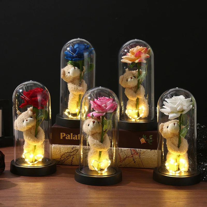 Rosas Eternas, Flores Artificiales en Lámina de Aluminio en Caja de Cristal, Flor Inmortal con Luz LED, Lámpara de Rosas, Flores Eternas, Regalo para el Día de la Madre