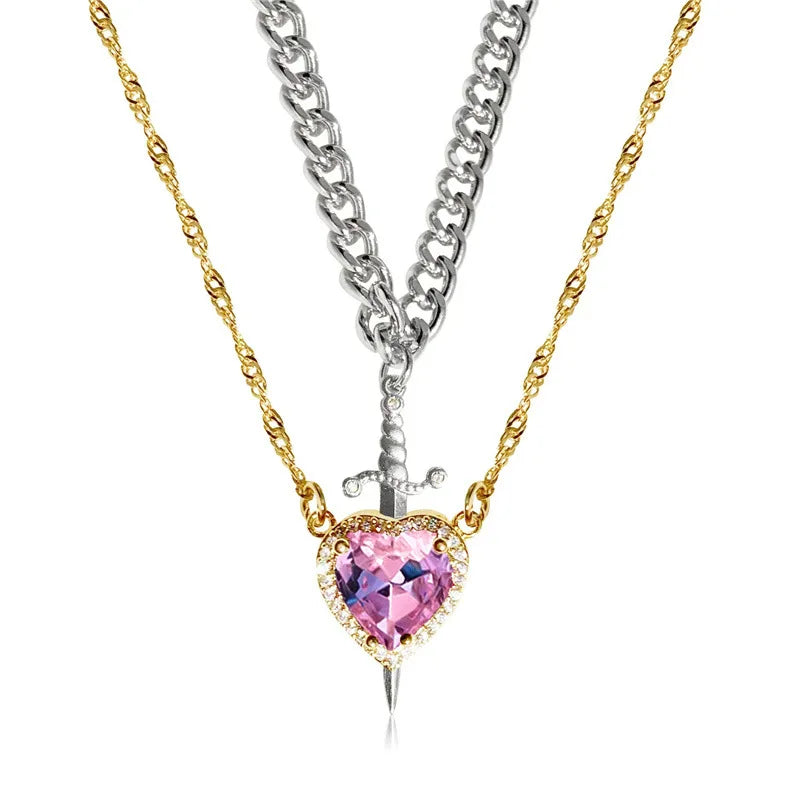 Collar de corazón y espada, collares para parejas, anillo de cristal de circón, pulsera, collar, conjunto de joyería para regalos románticos del Día de San Valentín