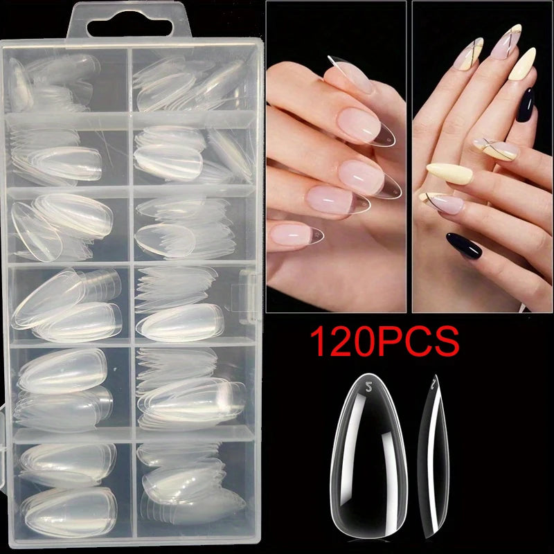 120/240 Uds. Adhesivo largo de Gel suave para uñas, cubierta completa transparente, prensa de almendra en uñas, puntas de uñas acrílicas de almendra para extensión de salón de uñas