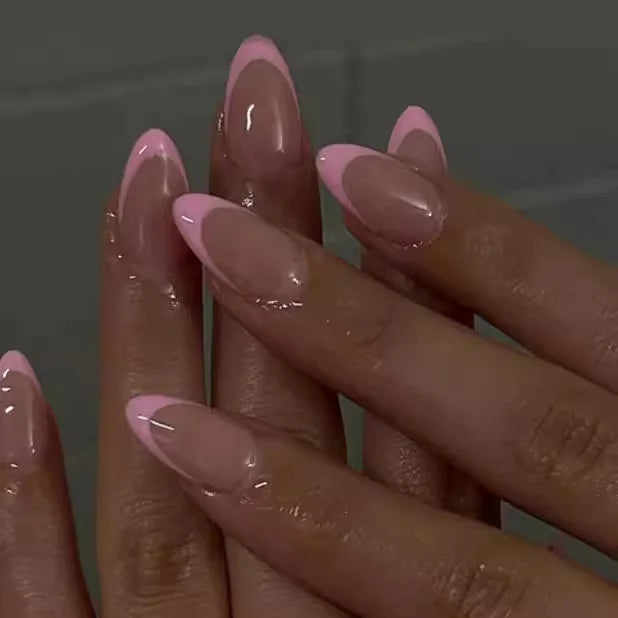 Juego de 24 Uñas Postizas Francesas, Puntas de Uñas Largas y Puntiagudas, Arte de Uñas, Cobertura Completa, Degradado Rosa, Uñas Acrílicas Simples, Desmontables