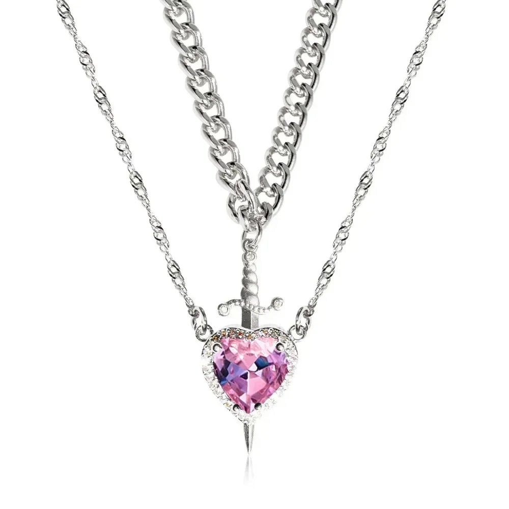 Collar de corazón y espada, collares para parejas, anillo de cristal de circón, pulsera, collar, conjunto de joyería para regalos románticos del Día de San Valentín
