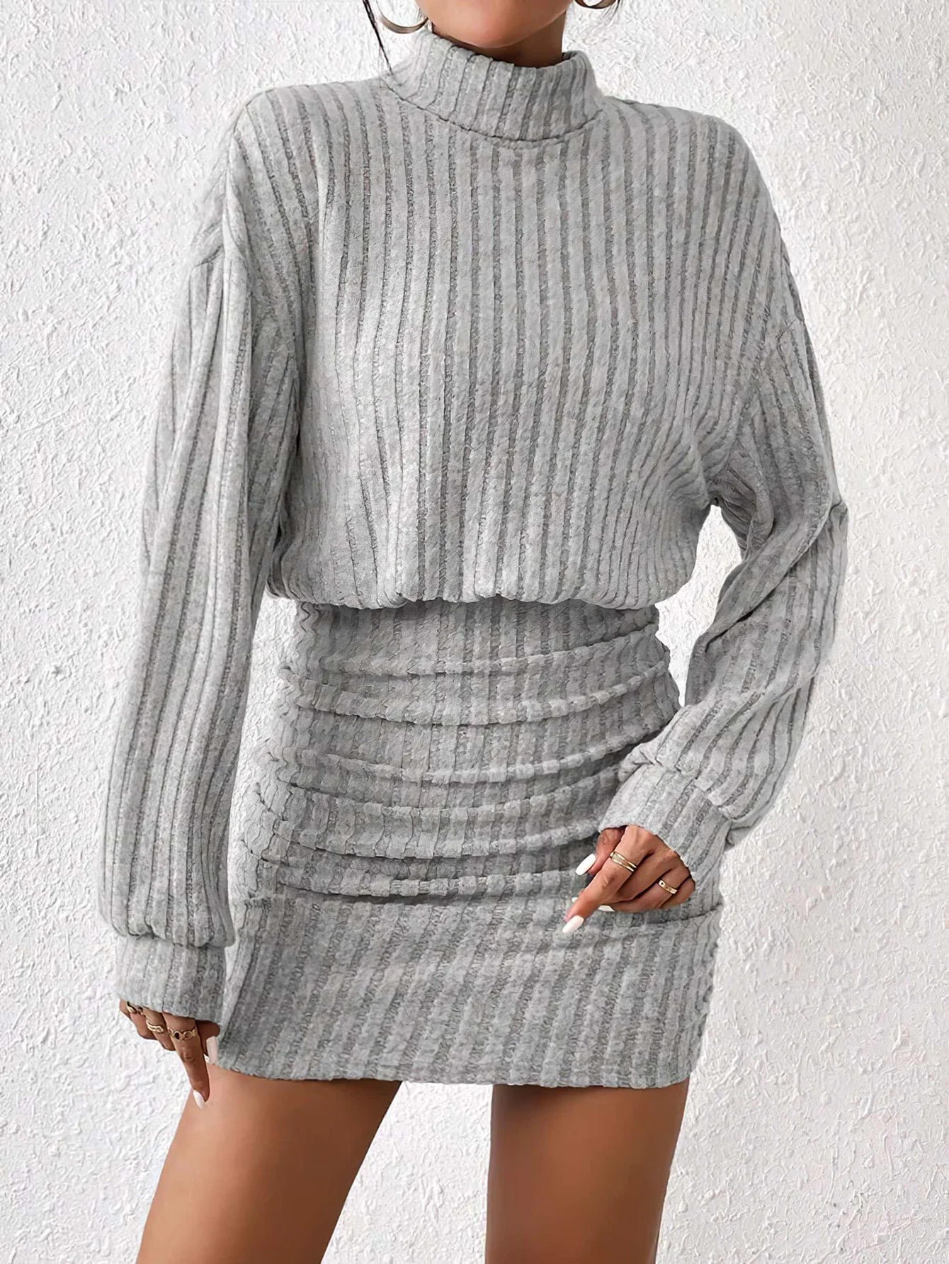 Vestido suéter de punto con cuello alto para mujer, moda Otoño Invierno, informal, liso, suelto, manga larga, cálido, vestidos de longitud media