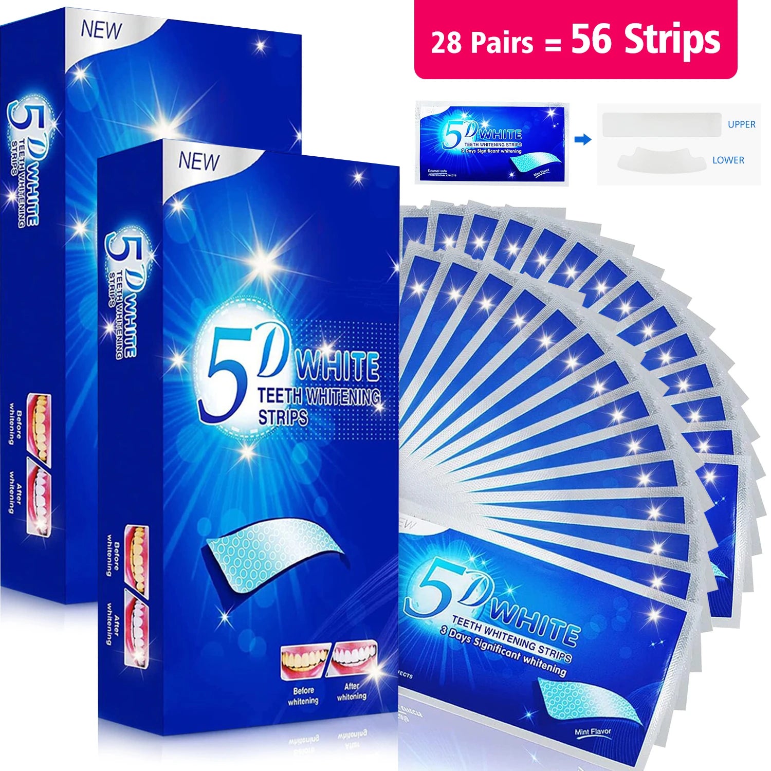 7/14/28 pares de tiras blanqueadoras de dientes para dientes, tiras blanqueadoras 5D/9D tiras blancas de sensibilidad reducida para blanqueamiento dental