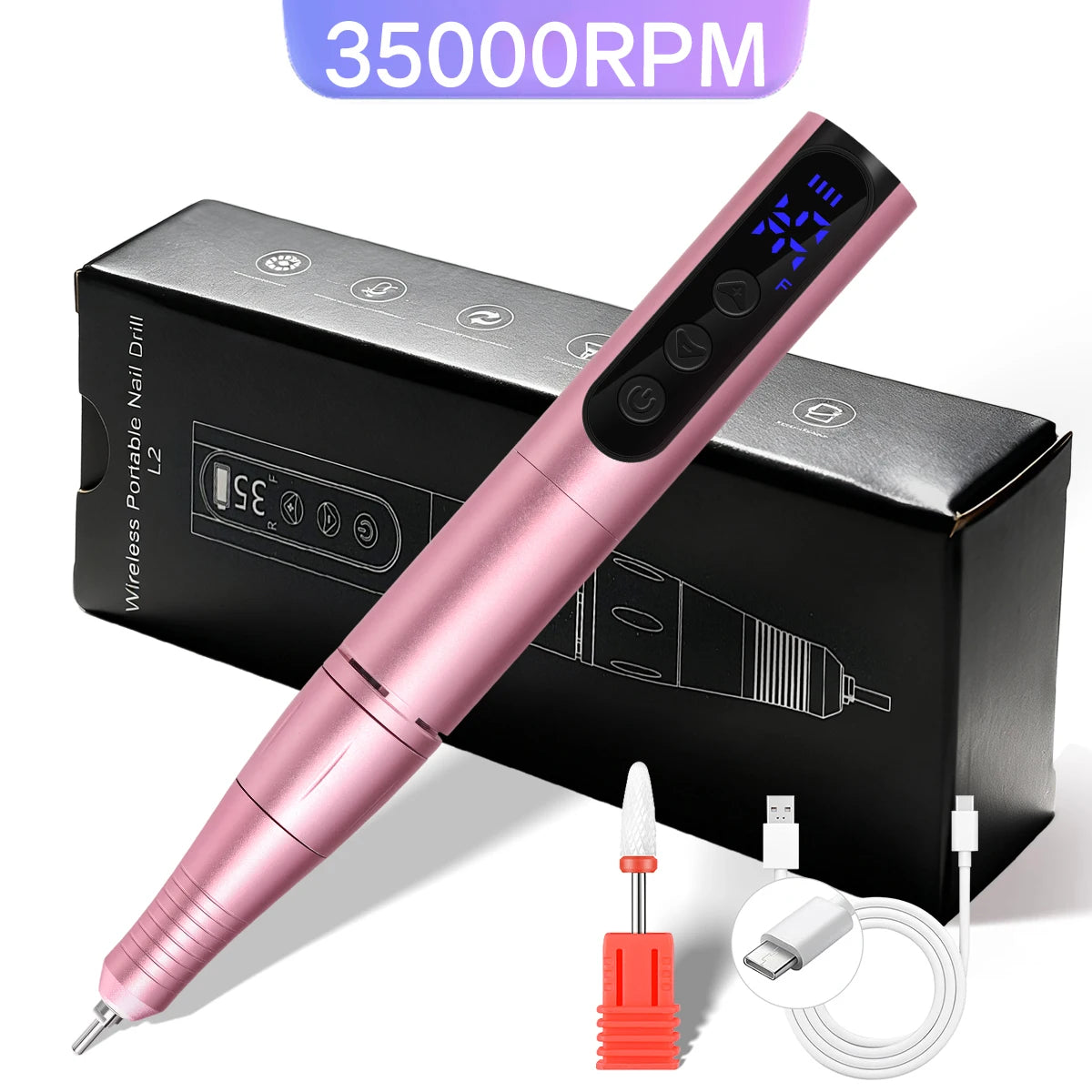 Máquina de manicura portátil recargable de 35000 RPM con lijadora de uñas de bajo ruido para acrílico, gel y esmalte, herramienta profesional para uñas.