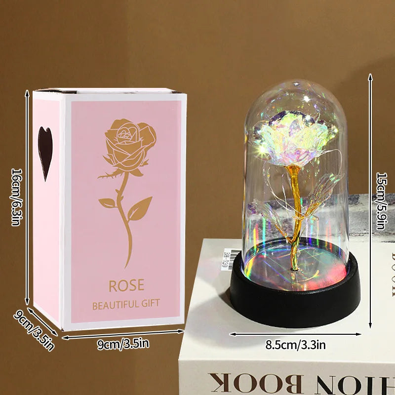 Rosas Eternas, Flores Artificiales en Lámina de Aluminio en Caja de Cristal, Flor Inmortal con Luz LED, Lámpara de Rosas, Flores Eternas, Regalo para el Día de la Madre