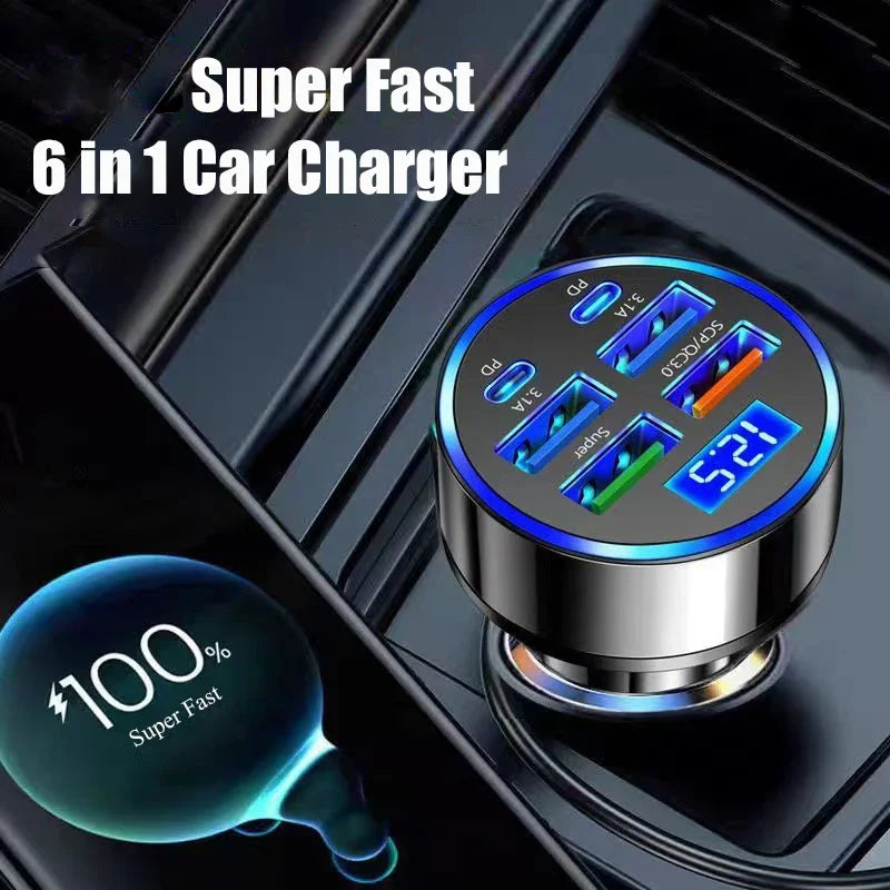 Cargador USB-C para Auto 6 en 1 con Carga Súper Rápida y Pantalla de Voltaje, Compatible con iPhone y Android