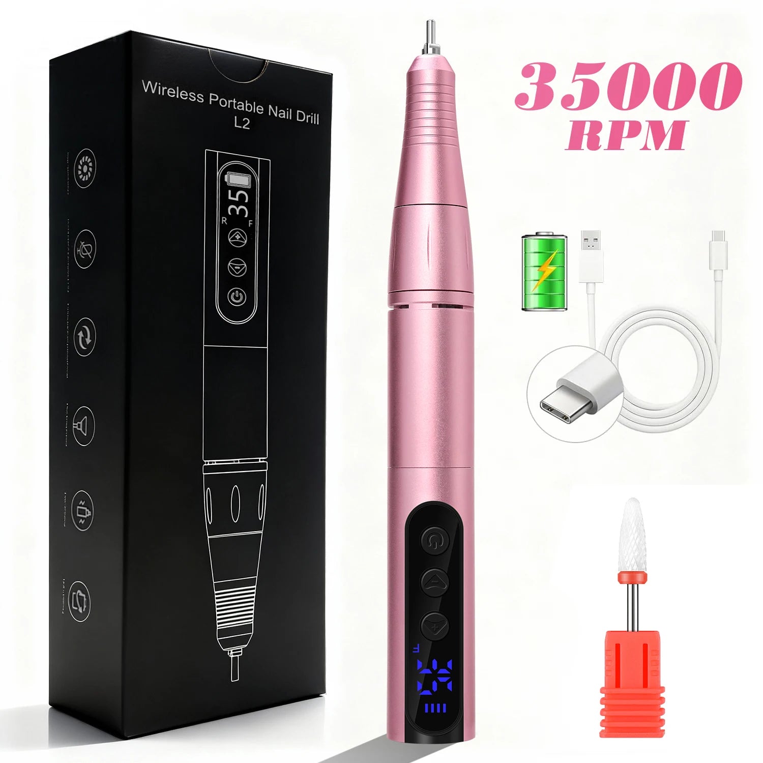 Máquina de manicura portátil recargable de 35000 RPM con lijadora de uñas de bajo ruido para acrílico, gel y esmalte, herramienta profesional para uñas.