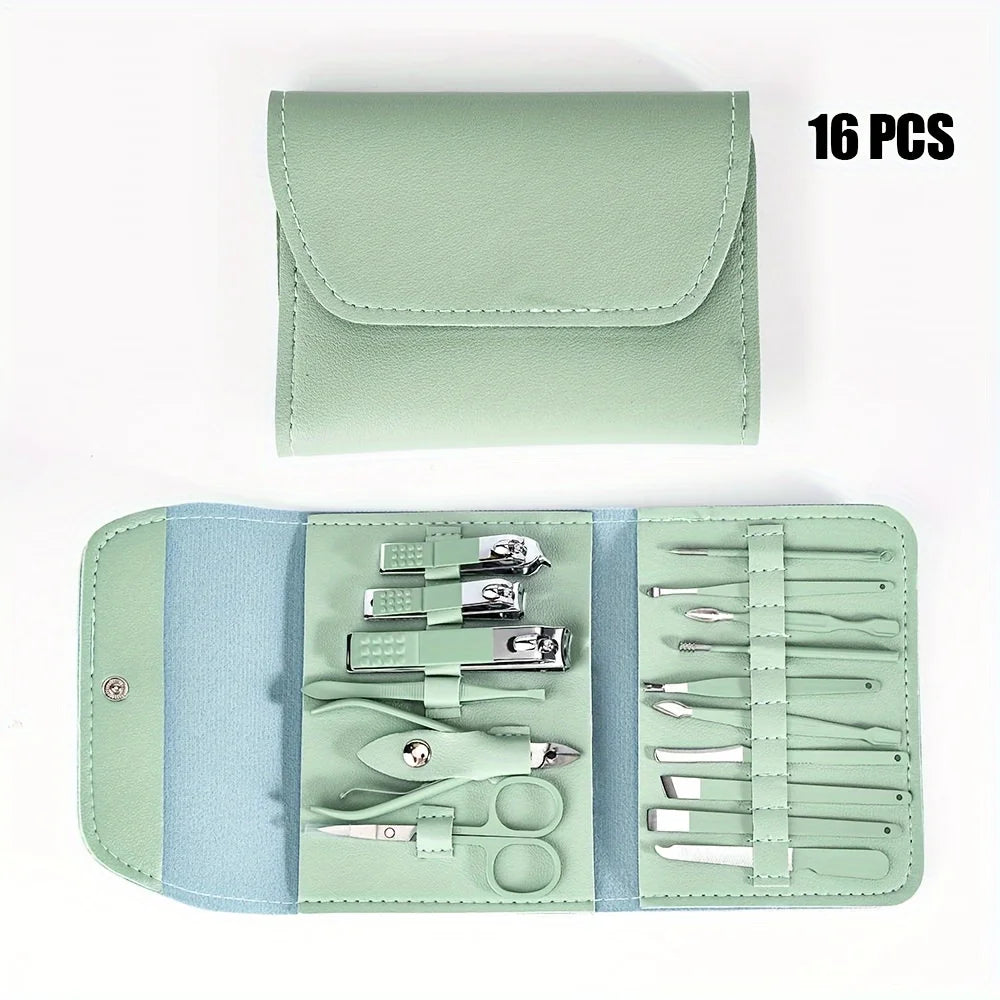 Juego profesional de cortaúñas y pinzas para cutículas, Set de manicura y pedicura con estuche de viaje, 16 piezas