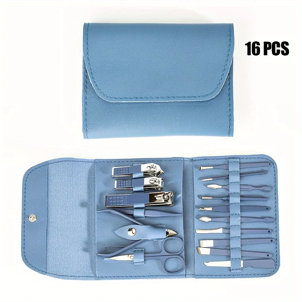 Juego profesional de cortaúñas y pinzas para cutículas, Set de manicura y pedicura con estuche de viaje, 16 piezas