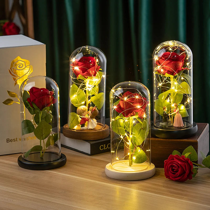 Rosas Eternas, Flores Artificiales en Lámina de Aluminio en Caja de Cristal, Flor Inmortal con Luz LED, Lámpara de Rosas, Flores Eternas, Regalo para el Día de la Madre