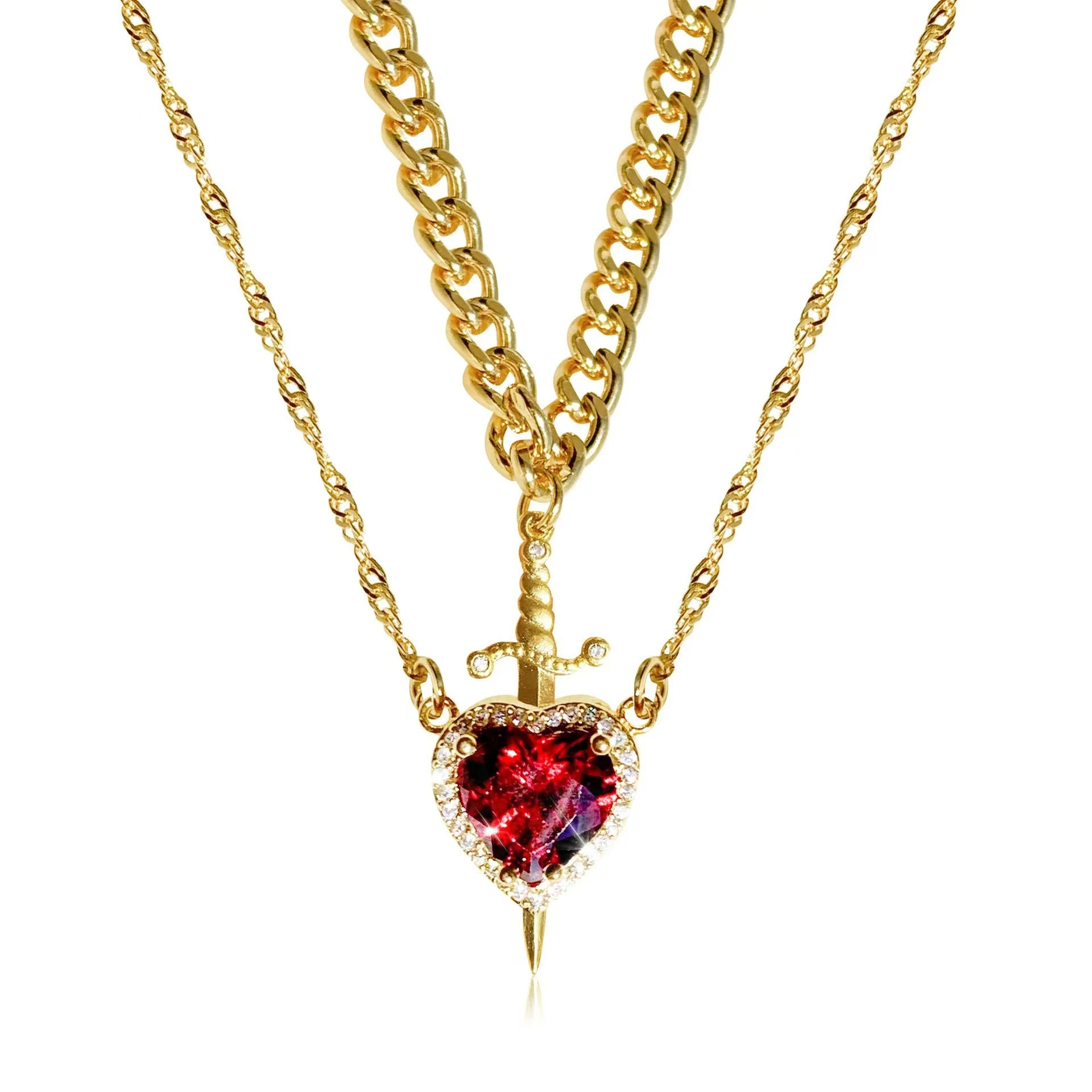 Collar de corazón y espada, collares para parejas, anillo de cristal de circón, pulsera, collar, conjunto de joyería para regalos románticos del Día de San Valentín