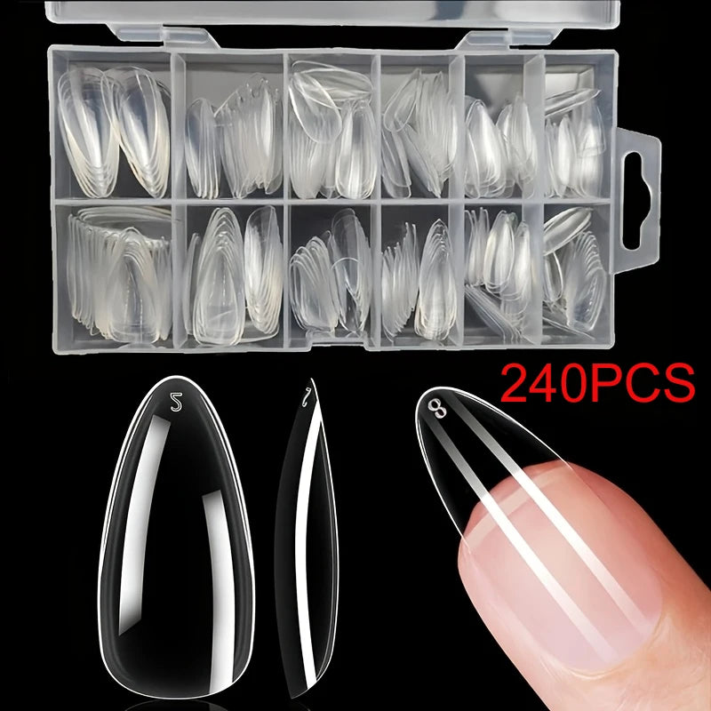 120/240 Uds. Adhesivo largo de Gel suave para uñas, cubierta completa transparente, prensa de almendra en uñas, puntas de uñas acrílicas de almendra para extensión de salón de uñas