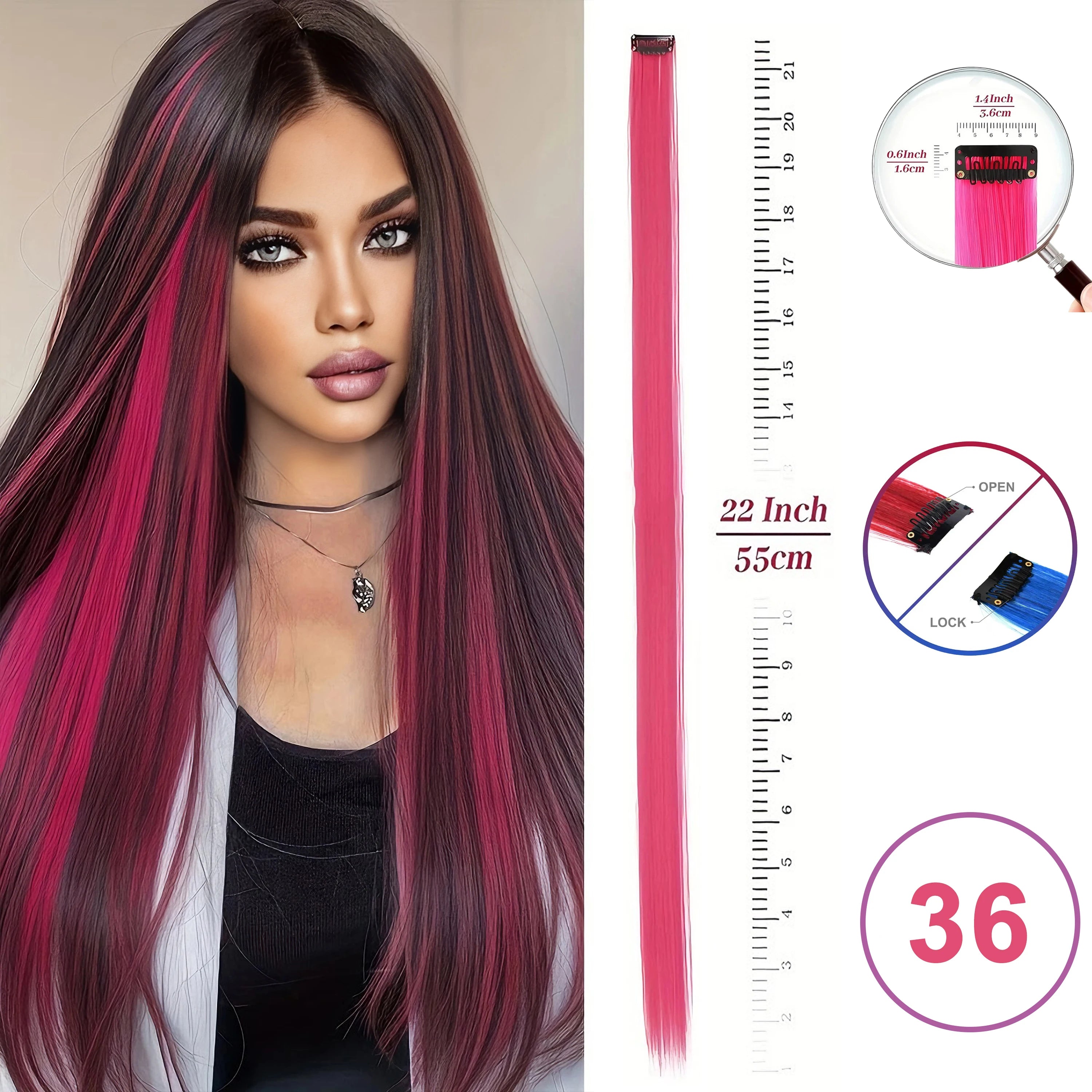 Extensiones de Cabello con Clip VEYDA de Colores para Fiestas, para Niñas, 22 Pulgadas, Colores Omber, Cabello Liso, Sintético