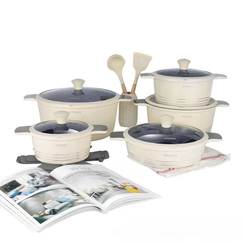 DONNOR 15 unids/set juego de utensilios de cocina sartén antiadherente de aluminio + utensilios de cocina de cerámica sartén olla de sopa con tapa antiescaldaduras estufa de doble oreja