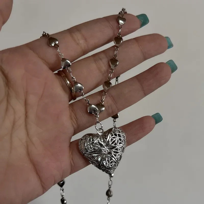 Collar con colgante de marco de medallón de foto de corazón romántico, collares con dijes de corazón de amor de acero inoxidable de Color plateado, joyería Y2K para mujer
