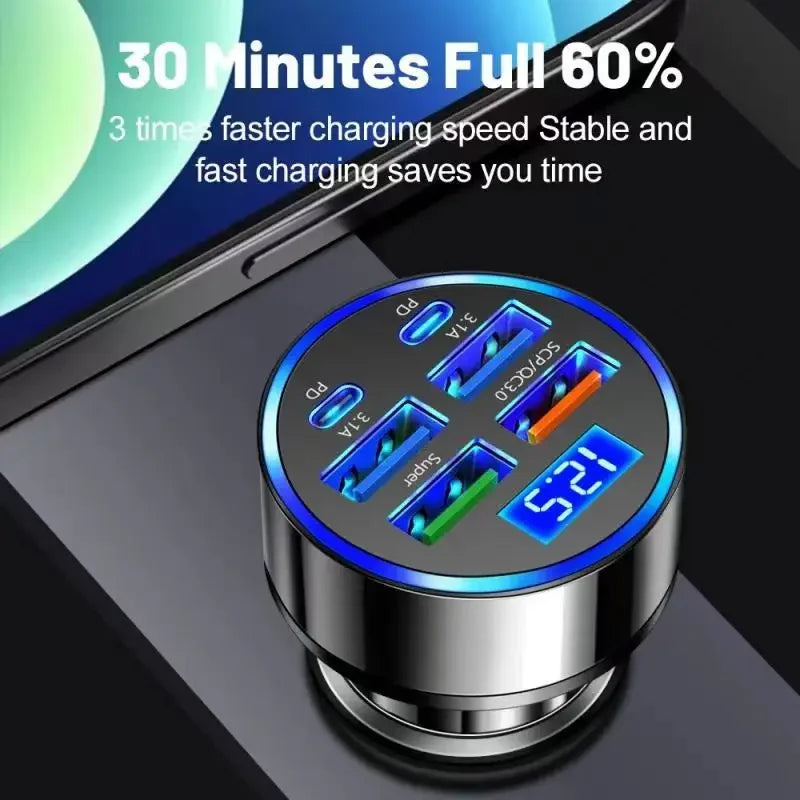 Cargador USB-C para Auto 6 en 1 con Carga Súper Rápida y Pantalla de Voltaje, Compatible con iPhone y Android
