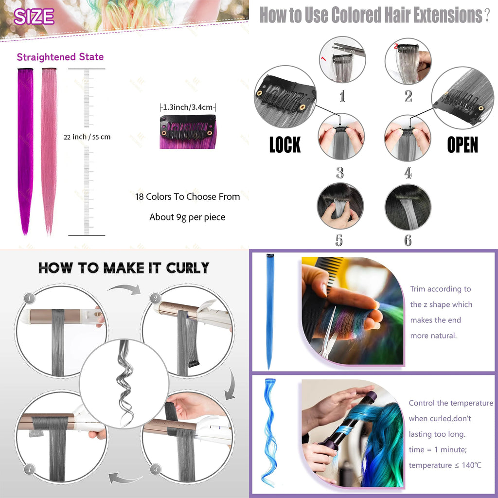 Extensiones de Cabello con Clip VEYDA de Colores para Fiestas, para Niñas, 22 Pulgadas, Colores Omber, Cabello Liso, Sintético
