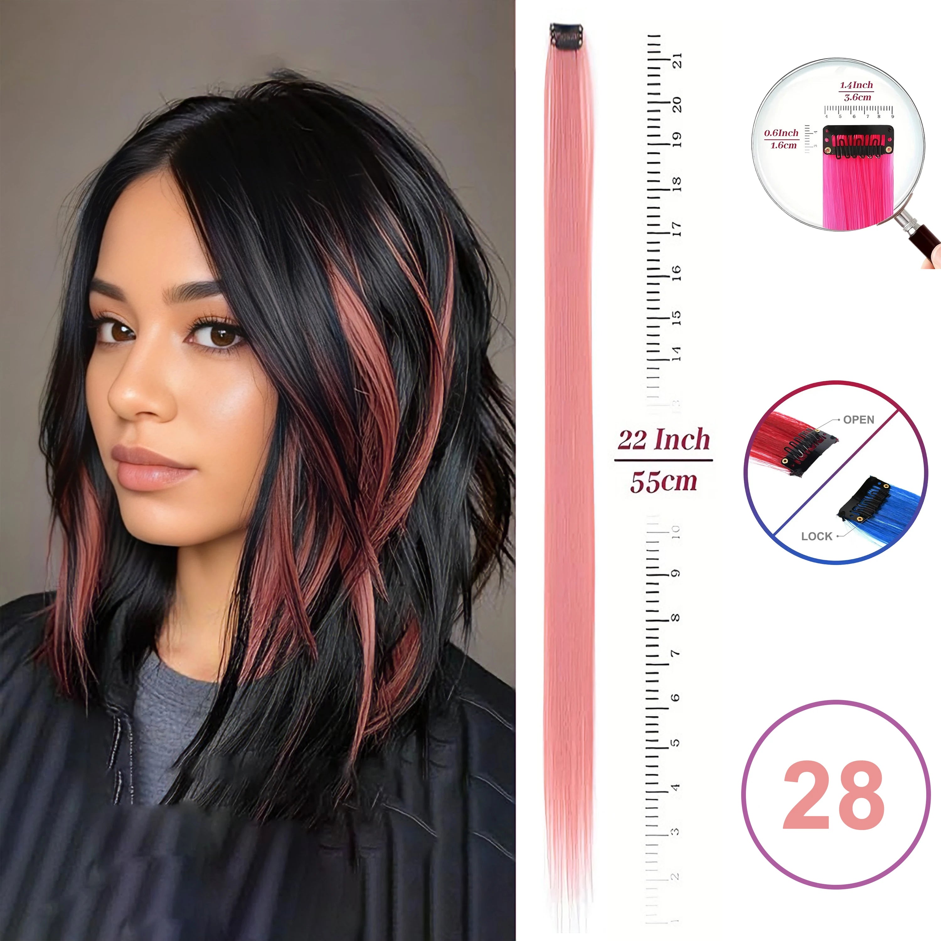 Extensiones de Cabello con Clip VEYDA de Colores para Fiestas, para Niñas, 22 Pulgadas, Colores Omber, Cabello Liso, Sintético