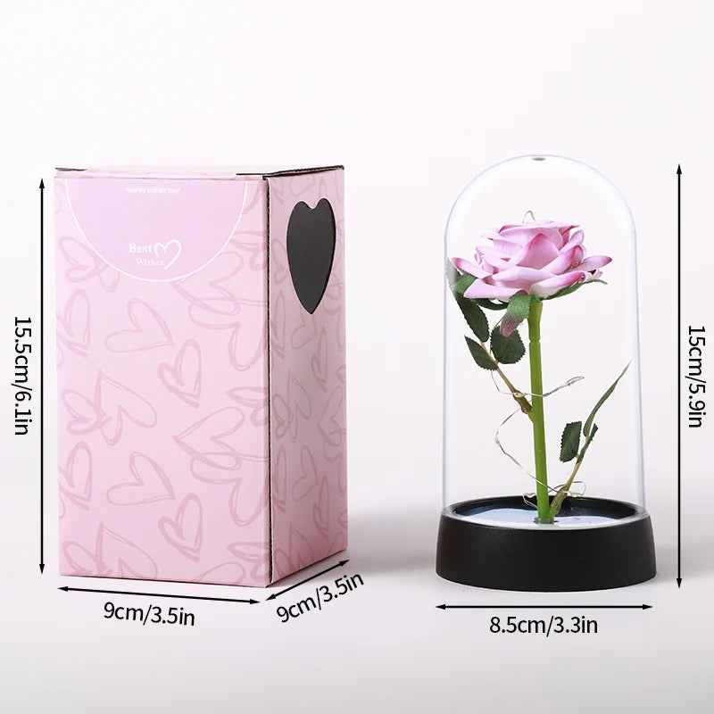 Rosas Eternas, Flores Artificiales en Lámina de Aluminio en Caja de Cristal, Flor Inmortal con Luz LED, Lámpara de Rosas, Flores Eternas, Regalo para el Día de la Madre